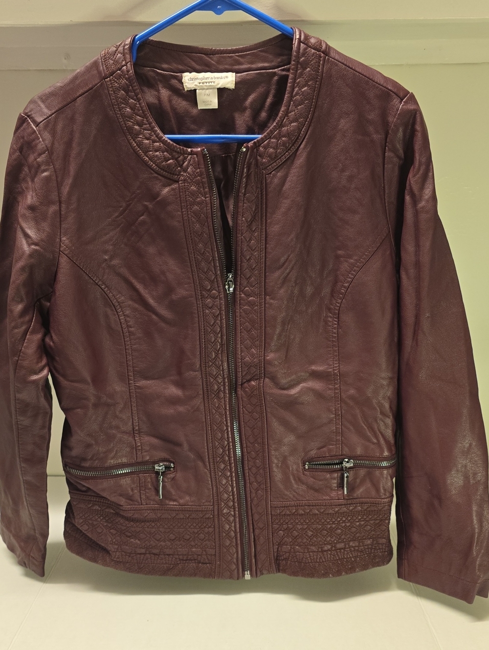 Christopher & Banks Women's Deep Plum Leather Zip Jacket